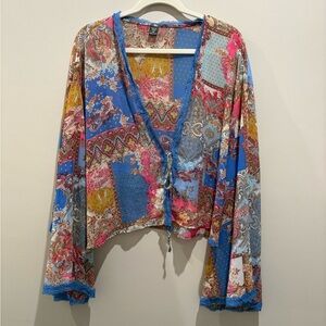 SHEIN Curve Pink and Blue Paisley Mesh Tie-Top